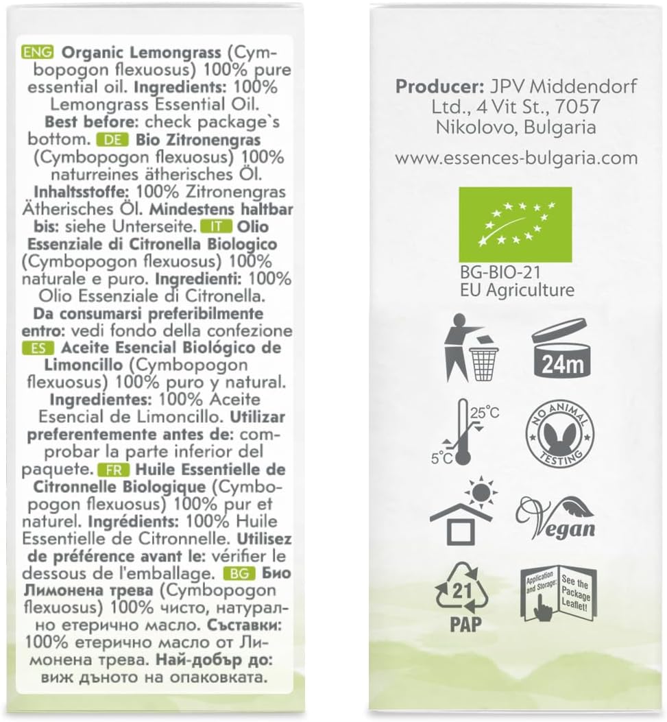 Essences Bulgaria Organic Lemongrass Essential Oil 0.51 Fl Oz | 15ml | Cymbopogon flexuosus | 100% Pure | Natural | Undiluted | Therapeutic Grade | Aromatherapy | Cosmetics | Cruelty Free | Vegan