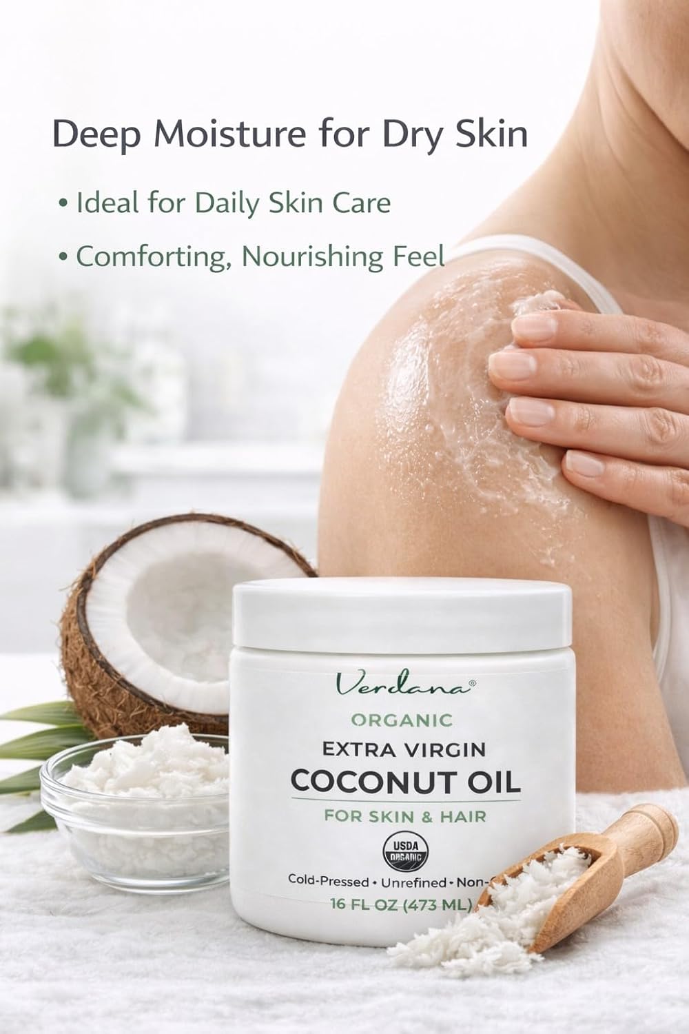 Verdana Organic Coconut Oil for Skin & Hair, Extra Virgin Unrefined Cold Pressed, Rich Moisturizer for Dry Skin & Body, USDA Organic, 16 fl oz Jar