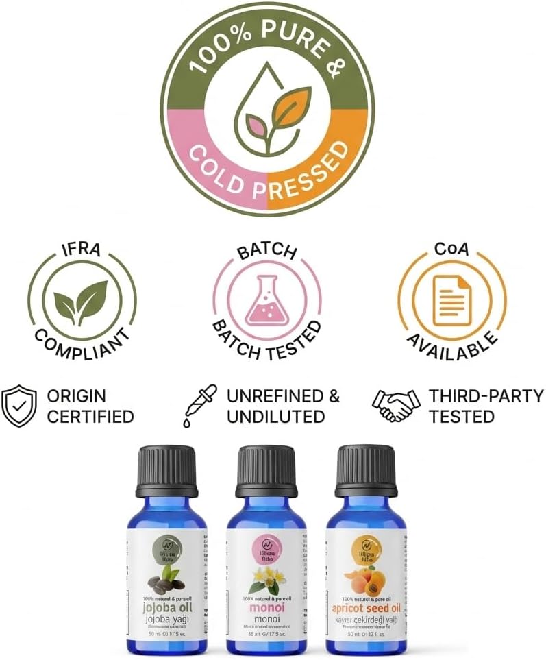 Jojoba Oil for Skin, Hair & Nails – Carrier Oils Set, Jojoba, Monoi & Apricot Kernel, 100% Pure Cold Pressed, Carrier Oil for Essential Oils Mixing, 1.7 fl oz Each, 3-Pack