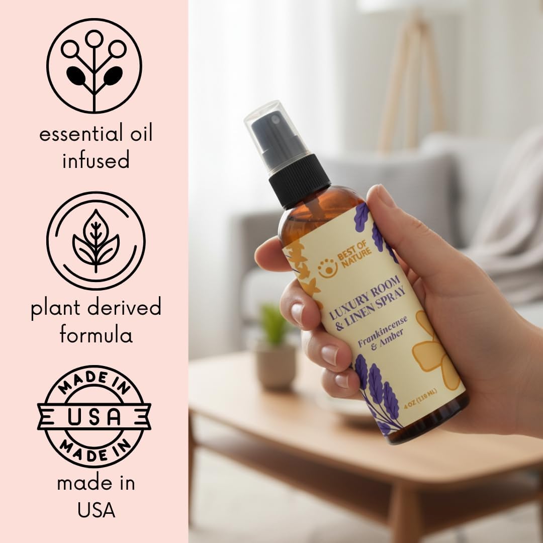 Best of Nature Luxury Room & Linen Spray – All-Natural Essential Oil Air Freshener for Home, Bedroom, Bathroom & Linens – Plant-Based, Family-Safe, Relaxing Aromatherapy Mist (Frankincense & Amber)