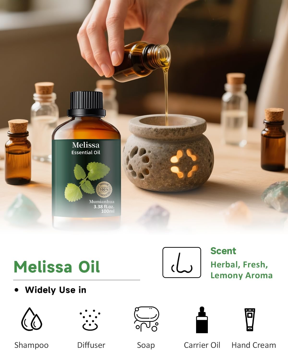 Melissa Essential Oil, Pure Melissa Oil Mumianhua Lemon Balm Oil, Uplifting Citrus-Herb Scent for Diffuser, Skin, Hair & Personal Care, 3.38 Fl Oz