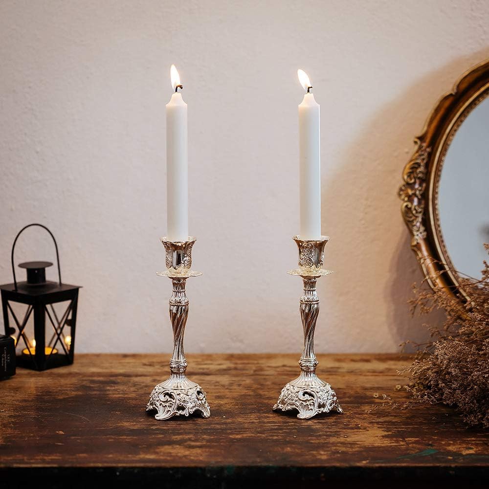 Sziqiqi Silver Plated Candlestick Holders Set of 2 Taper Candle Holders Deluxe Ornate Candle Holders for Shabbat Taper Candles, Candle Centerpiece, Wedding Candles, Christmas Candle, 7.4inch