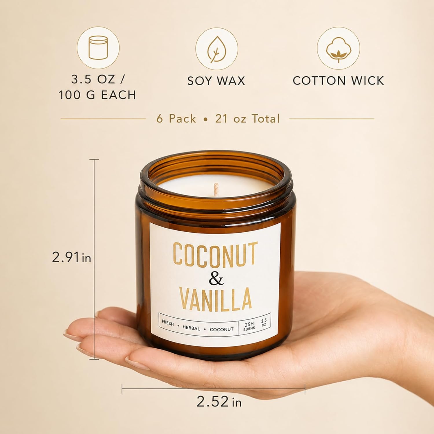 Coconut Vanilla Candles, 6 Pack Scented Candles 3.5 oz Each, 21 oz Total Soy Candles in Amber Glass Jars, Aromatherapy Candle Set for Home, Bathroom, Gifts for Women and Mom