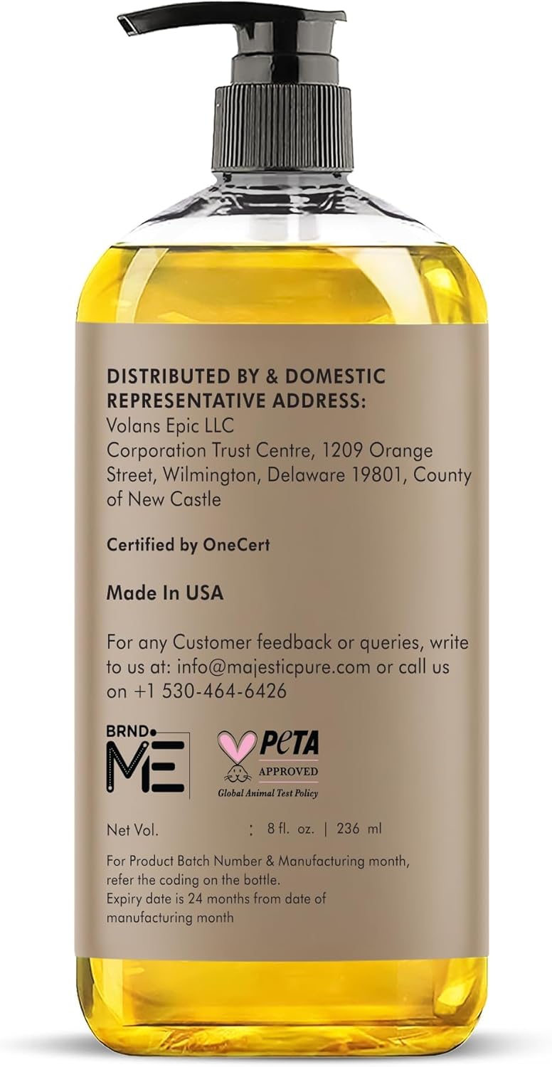 Majestic Pure Oil - 100% Pure and Natural- Cold Pressed & Hexane Free Natural Hair Growth Oil for Eyelashes, Eyebrows, Skin, Body, Face, Nails & Scalp - USDA Organic Castor Oil 8 Fl Oz