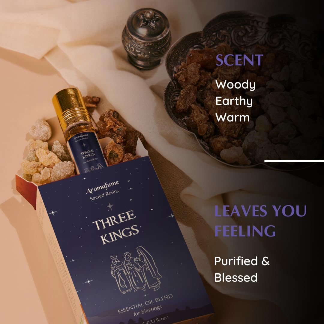 Three Kings Resin Essential Oil Roll-On | 1 x 10ml / 0.33 fl oz by Aromafume| Ideal for Spirituality & Rituals | Made with Pure Boswellia, Serrta & Natural extracts | Non-Alcoholic, Non-Toxic & Vegan