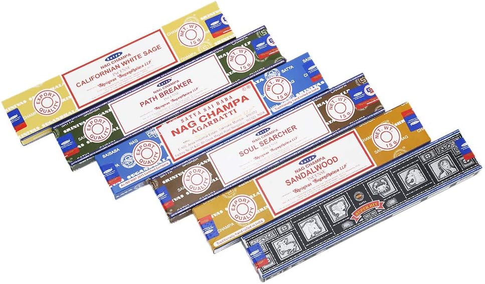 Satya - Set of 6 - Nag Champa, Super Hit,Path Breaker,Soul Searcher, Sandalwood, Californian White Sage 15 Grams