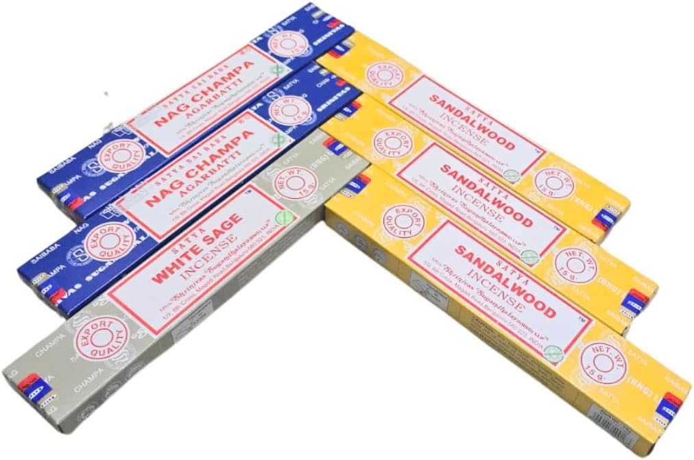 Satya Sandalwood, Nag Champa & White Sage with ANKCIENSE Incense Holder Pack of 3 fragrances Variety Pack of 90 Sticks Satya Nagchampa Natural Incense Insense Insence
