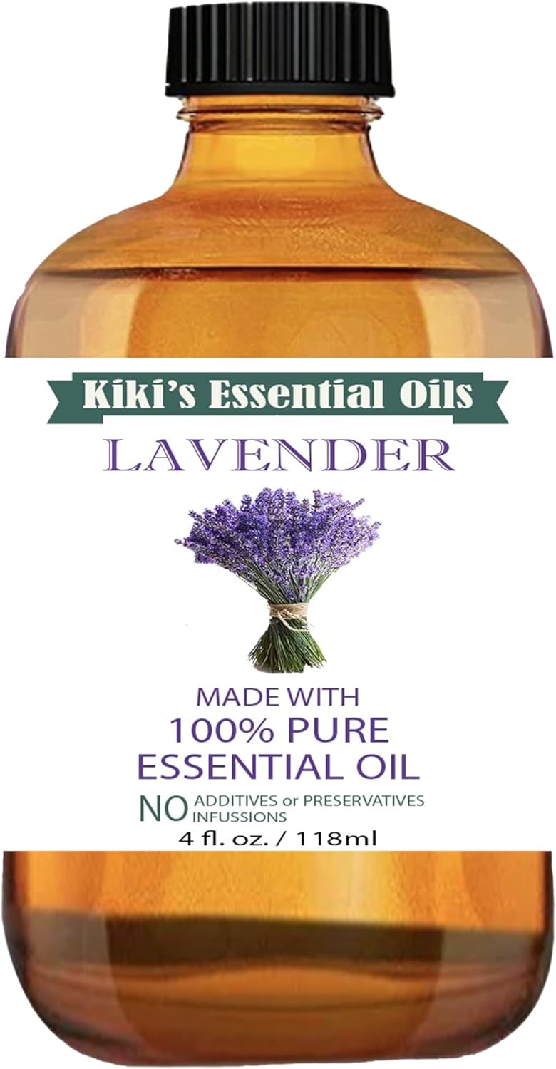Kiki's Lavender Essential Oil with Glass Dropper | 100% Pure and Natural Lavender Oil | Premium Grade Essential Oils for Diffusers, Skin, Aromatherapy, Massage | 4 Fl Oz