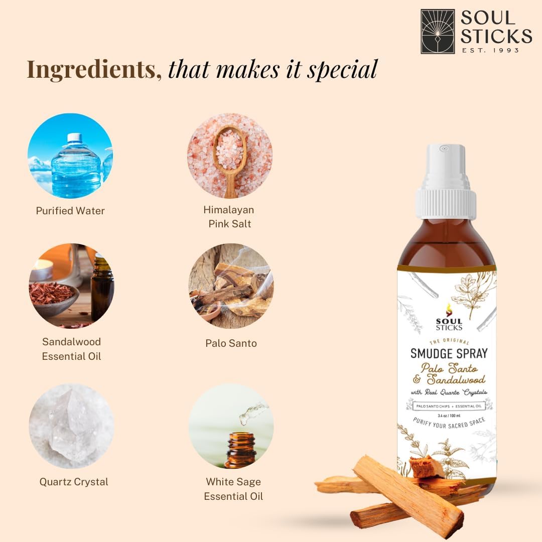 SOUL STICKS Palo Santo & Sandalwood Smudge Spray For Cleansing and Negative Energy | 3.5oz Palo Santo Spray with Real Quartz Crystals | Sage Room Spray for Spiritual Cleansing and Purifying Home Car
