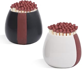 Ceramic Match Holder with Striker - Pack of 2 - Strike Anywhere Decorative Matches in a Jar Box with Striker Modern Home Decor Gifts (Match NOT Included)