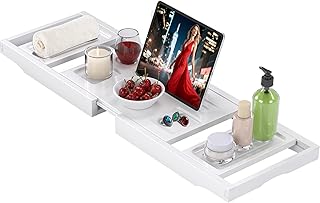 Bathtub Tray Caddy,Premium Bamboo Expandable Bath Tub Trays Table, Foldable Bathroom Accessories,Great House Warming, Anniversary and Birthday Gifts,White