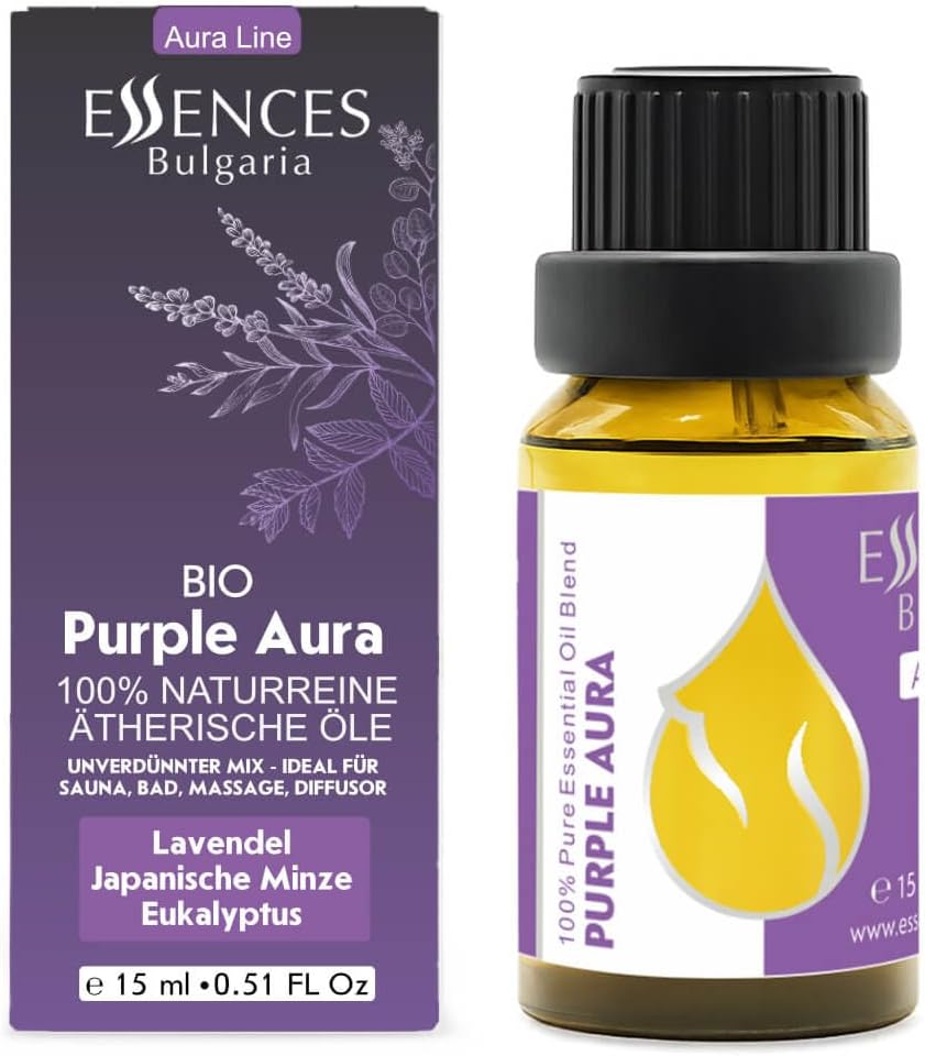 Essences Bulgaria Purple Aura Organic Essential Oil Blend 0.51 Fl Oz | 15ml | Lavender, Japanese Mint, Eucalyptus | Aromatherapy, Sauna & SPA | 100% Pure & Natural | Undiluted
