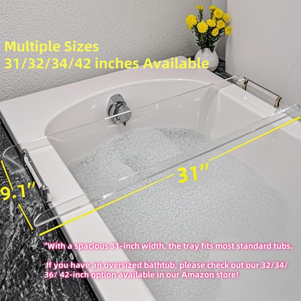 Bath Tub Tray,Clear Bathtub Tray for Luxury Bathroom – Waterproof Bath Caddy with Sleek Surface –No Assembly– Easy Cleaning Bathtub Organizer for Spa Relaxation (31")