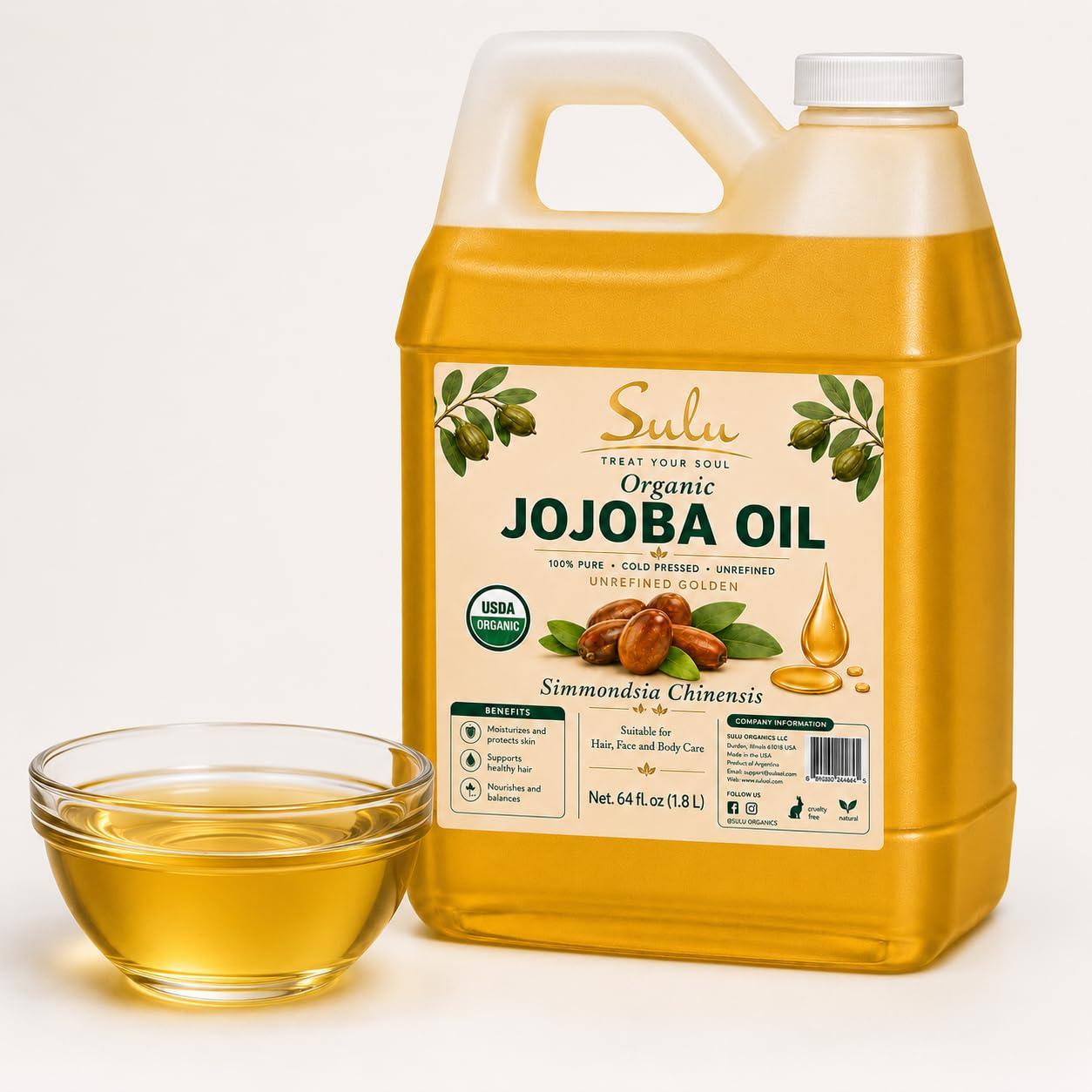 SULU ORGANICS Certified Organic Cold Pressed Unrefined Raw Uncut Golden Jojoba Oil- 64 fl.oz/ 4 lbs