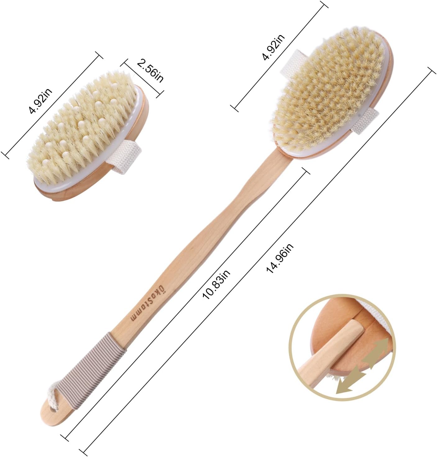 Dry Brushing Body Brush - Natural Bristle Dry Brush Set with 2 Detachable Heads, Wooden Long Handle Dry Body Brush for Lymphatic Drainage, Exfoliating and Cellulite Treatment