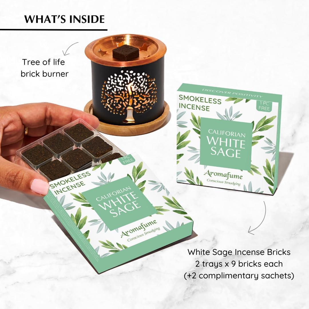 California White Sage Incense Bricks & Tree of Life Exotic Burner by Aromafume | 2x9 Bricks | Sage Incense for Cleansing Negative Energy & Protection | Sage for Smokeless Smudging, Spiritual Cleansing