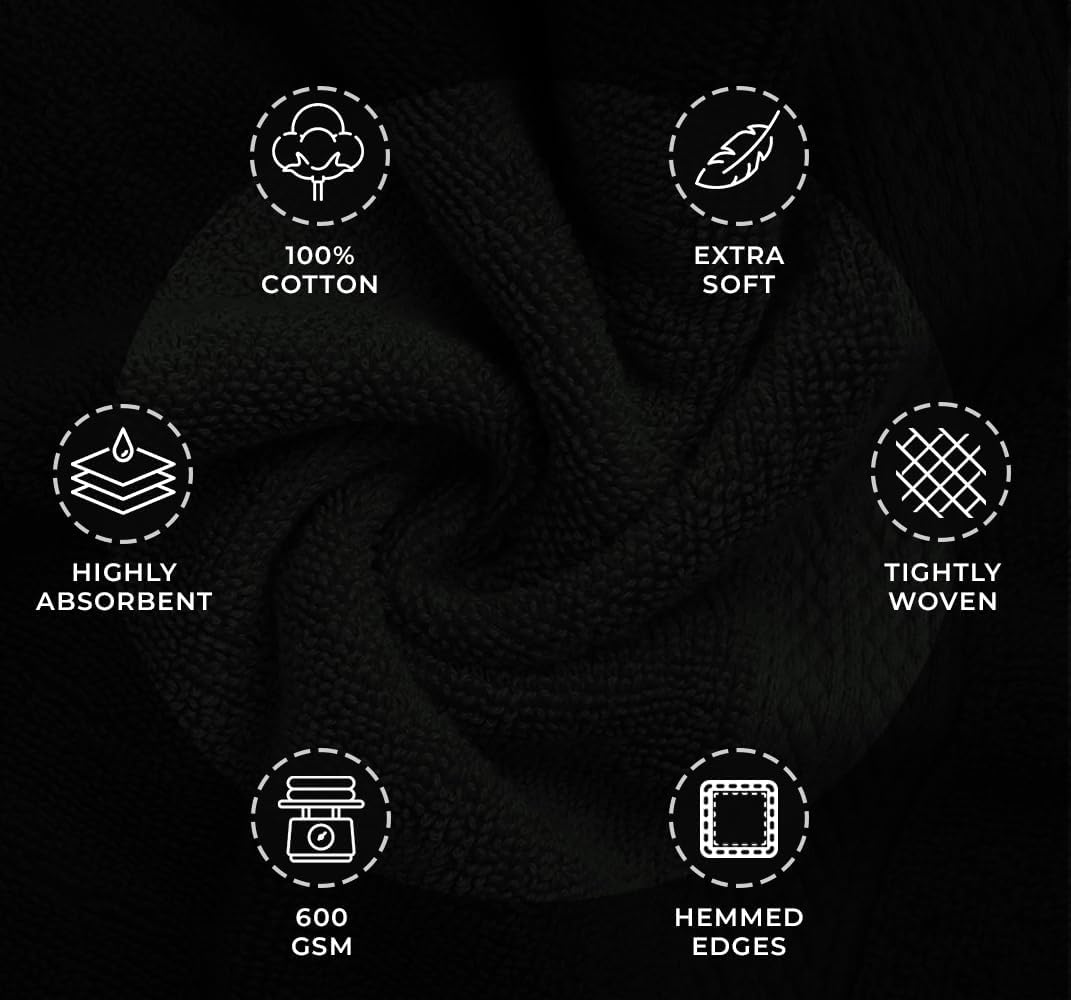 Avalon Towels Luxury 8 Piece Black Towels Set, 2 Bath Towels, 2 Hand Towels and 4 Washcloths, 600 GSM 100% Ring Spun Cotton Highly Absorbent Black Bathroom Towels, Ideal for Hotel, Spa and Gym