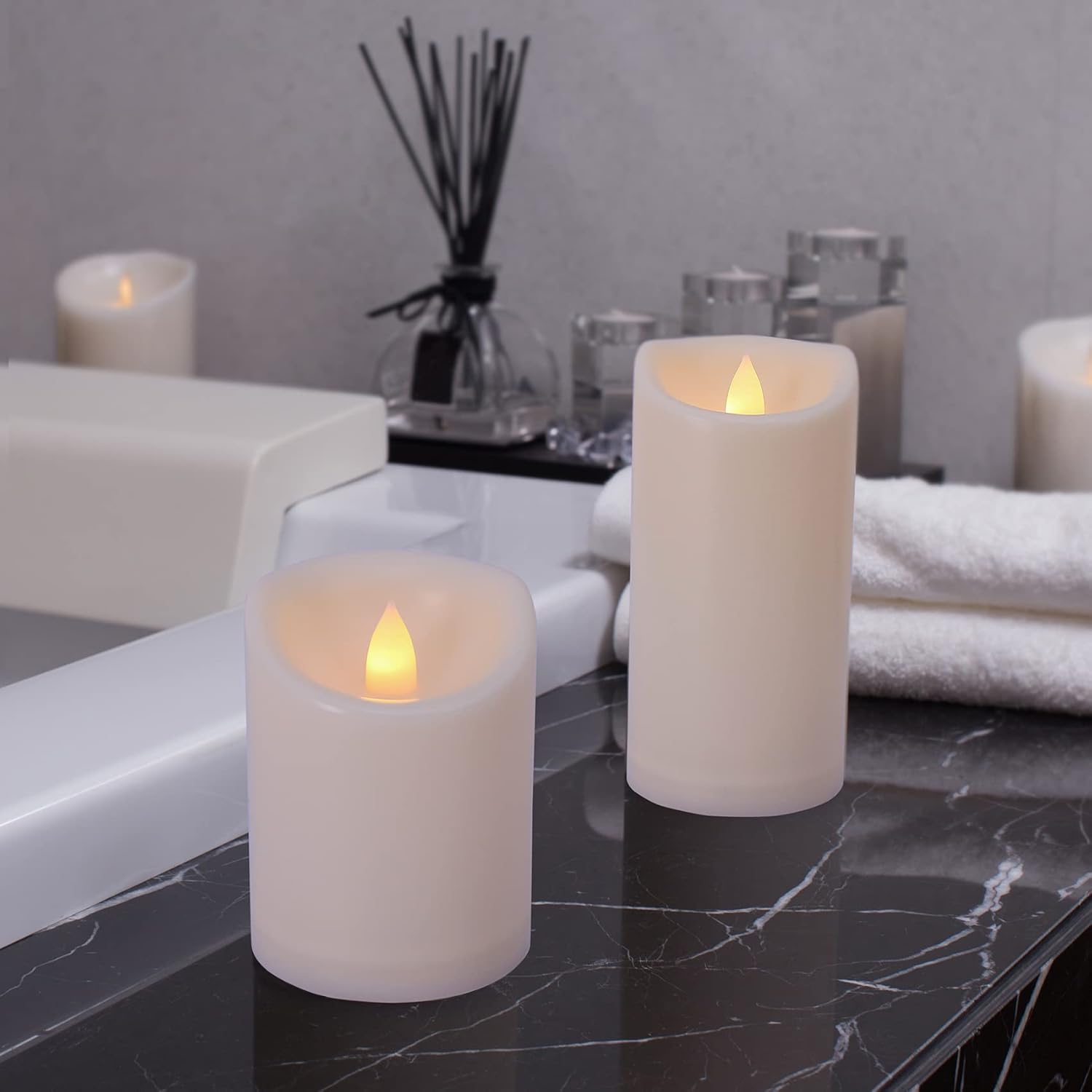 Flameless Flickering Candles with Remote and Timers, 1000 Hours Waterproof Outdoor Indoor Battery Operated LED Pillar Candles, Ivory Plastic, Set of 3(D 3" x H 4" 5" 6")