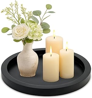 Round Decorative Tray for Coffee Dining Table Countertop Small Wooden Serving Trays Farmhouse Kitchen Home Living Room Decor and Bathroom Accessories Tray Black Rustic Wood Candle Centerpiece Trays