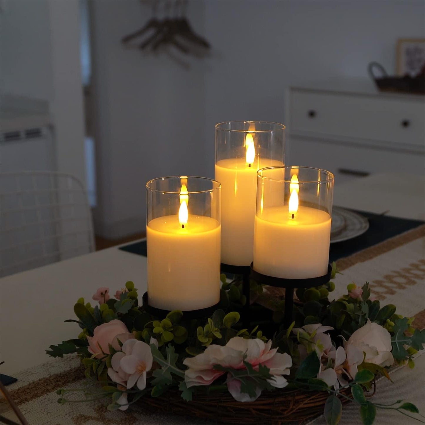 Amagic Clear Glass Flameless Candles Battery Operated with Timer, Remote Control, LED Pillar Candles, Battery Powered, Valentine's Day Decor, Pure White Wax, Set of 3