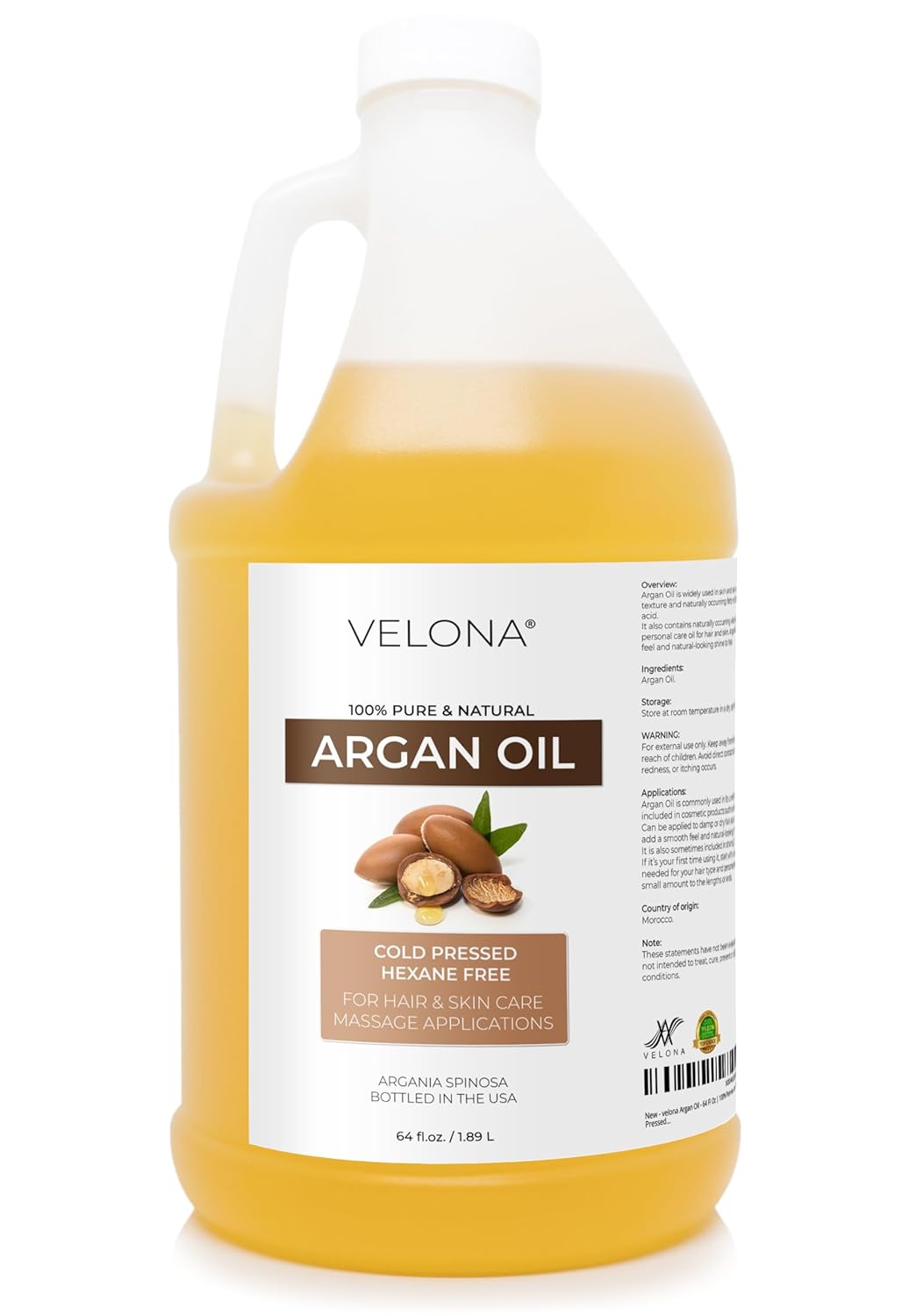 velona Argan Oil - 64 Fl Oz | 100% Pure and Natural | Morocco Oil | Skin, Body and Face Care | Nails Protector | Unrefined, Cold Pressed