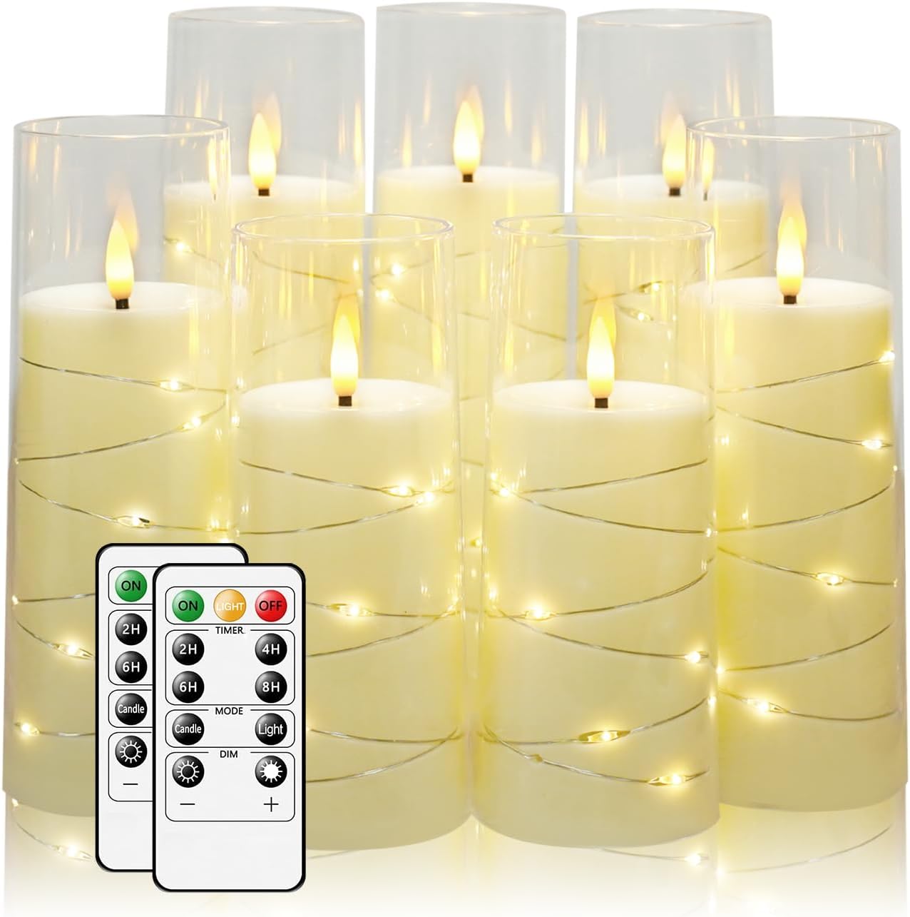 Flameless Candles,with Embedded Star String, Battery Operated Candles Flickering LED Pillar Candles with Remote Control and Timer, Home Decoration Add a Warm and Romantic Atmosphere，Set of 7 (Ivory)