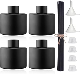 4PCS 100ML Glass Diffuser Bottles Black, Refillable Empty Perfume Fragrance Reed Bottles with 20pcs Reeds Sticks & Caps & Funnel, Diffuser Jars for DIY Fragrance Oil Wedding Party Decoration Gift
