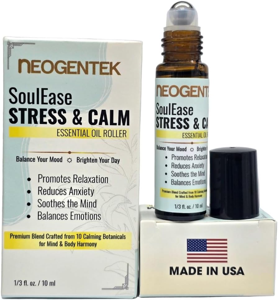 SoulEase Stress & Calm Essential Oil Roll On – Made from 10 Premium Calming Botanicals – Soothing Floral • Warm Wood • Gentle Citrus – 100% Natural Oil – 10ML