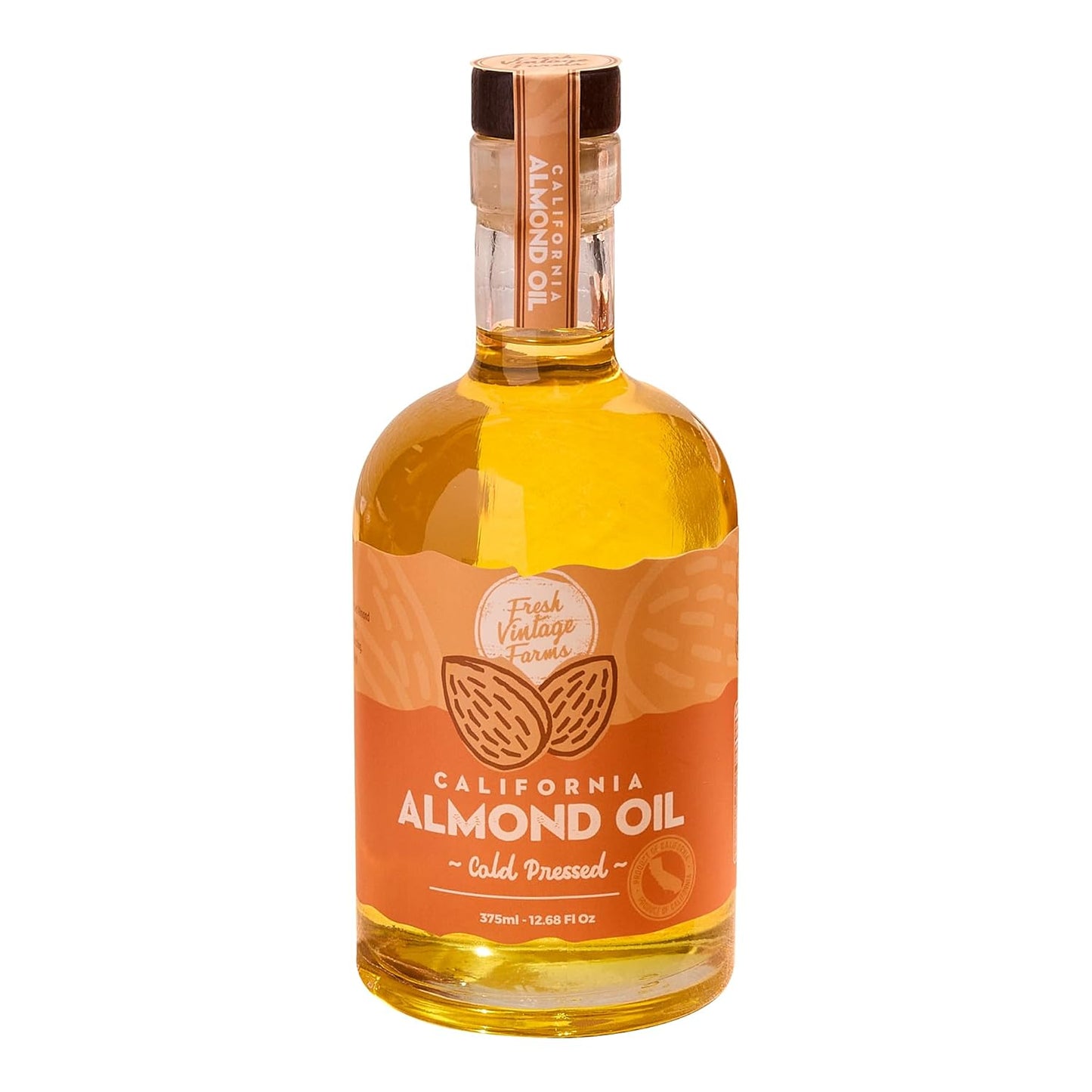 Fresh Vintage Farms 100% Cold Pressed Sweet Almond Oil | Nutrient-Rich Healthy Cooking Oil for Cooking, Baking, Grilling, Dipping, & Salads | Cold Pressed Almond Oil - 12.68 Fl oz, Pack of 1