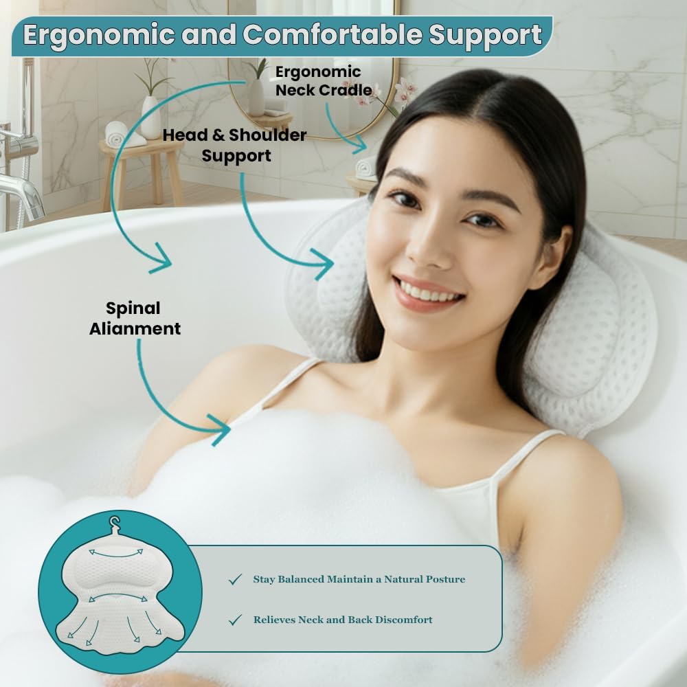 Bathtub Tray and Bath Pillows for Tub – Expandable Bamboo Bathtub Caddy with Phone & Wine Holder, Soft Bath Pillows for Tub & Head/Neck Support