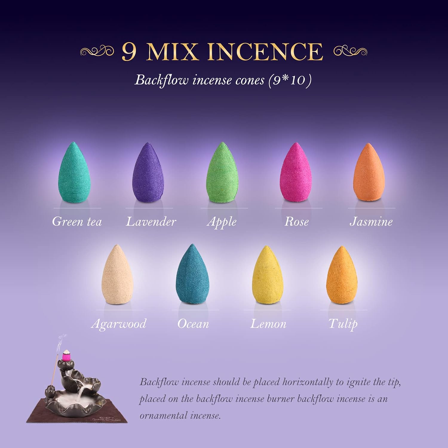 OTOFY Backflow Incense Cones 90 Pcs of 100% Natural Scents Waterfall Incense Rose Tulip Jasmine Lavender Rose for Backflow Incense Burner Holder Natural | Meditation & Yoga Gift (Black90)