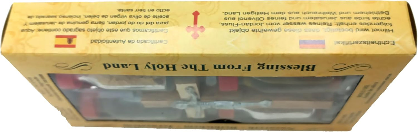 Zuluf Holy Land Set 5 in 1 Olive Wood Cross Set with 4 Bottles - Oil, Jordan Water, Holy Earth and Incense from Jerusalem | Catholic Orthodox Blessing Set from Israel | Religious Israel Gift HLG005