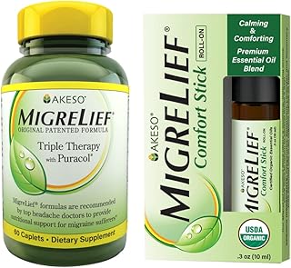 Nutritional Support & Comfort Kit for Migraine Sufferers - MigreLief Original Daily Triple Therapy Formula, Plus MigreLief Comfort Stick Essential Oils Roll-On (10ml) - 1 Month Supply.