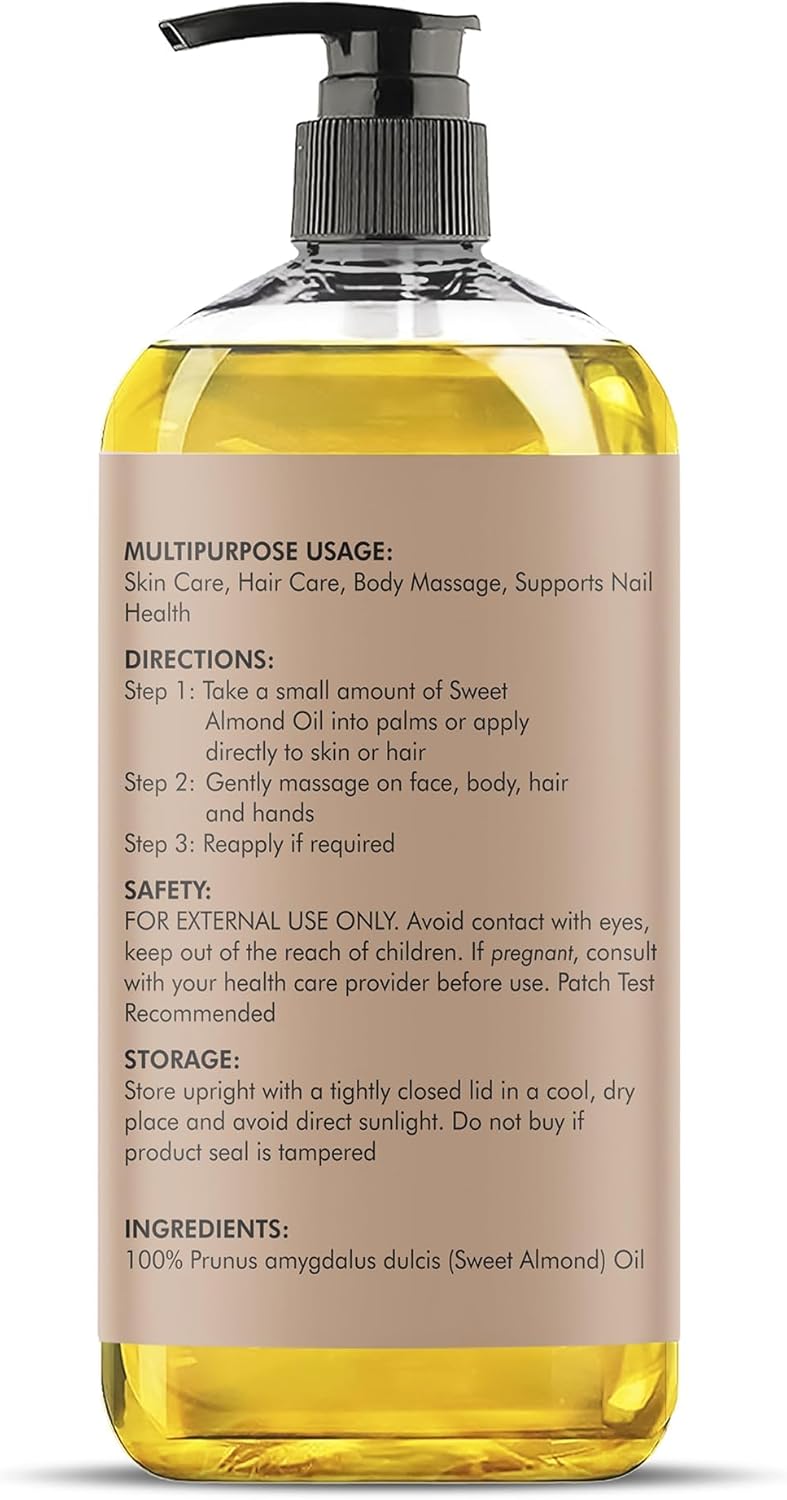 Majestic Pure Oil - 100% Pure and Natural- Cold Pressed & Hexane Free Natural Hair Growth Oil for Eyelashes, Eyebrows, Skin, Body, Face, Nails & Scalp - Sweet Almond Oil 8 Fl Oz