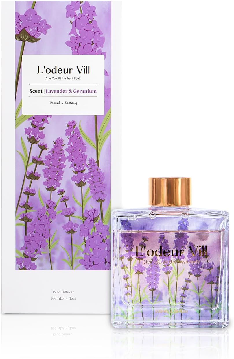 Reed Diffuser Set/Lavender Geranium/3.38 fl.oz（100ML）/1 Pack with 6 Reed Sticks/Home Fragrance Diffuser, Oil Scent Diffuser for Bathroom Shelf Decor.