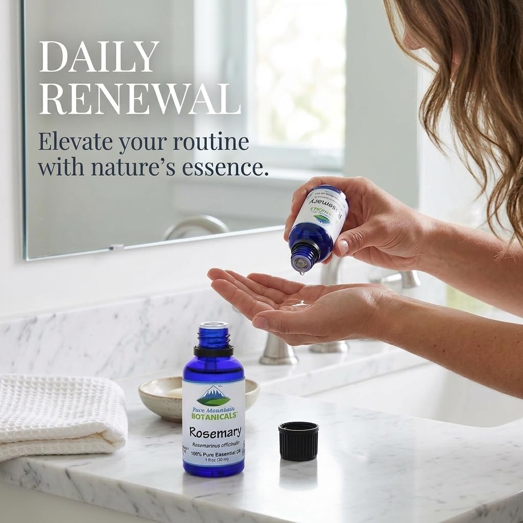 Pure Mountain Botanicals Rosemary Essential Oil - Pure, Undiluted, Steam Distilled - Spanish Rosemary - Kosher Certified - 1 fl oz (30 ml)