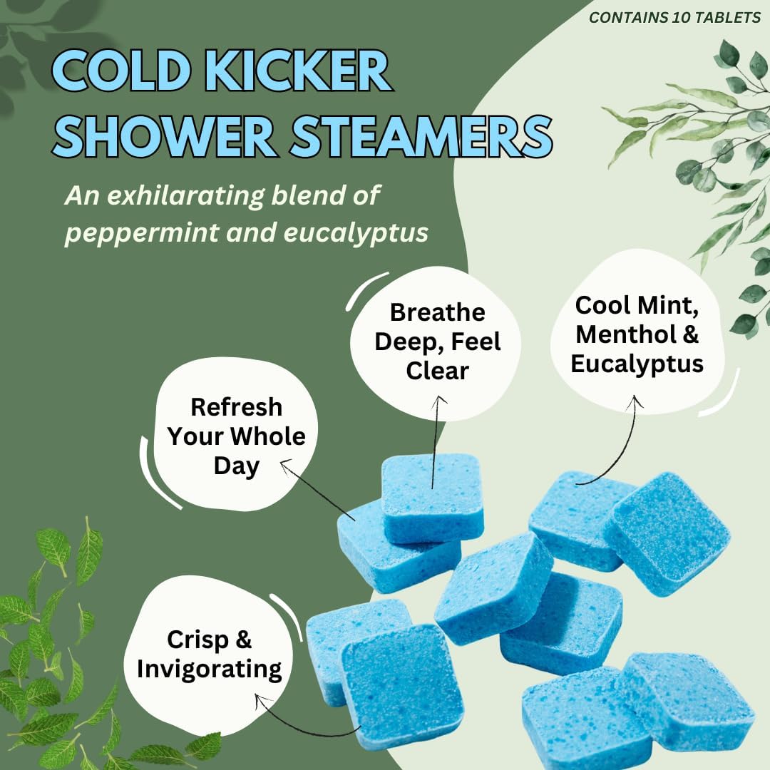 Cold Kicker Shower Steamers Aromatherapy for Relief - USA Made - Peppermint & Eucalyptus Shower Bomb Tablets – Valentines Day Gift for Her and Him – Soothing Natural Essential Oils (10 Pack)