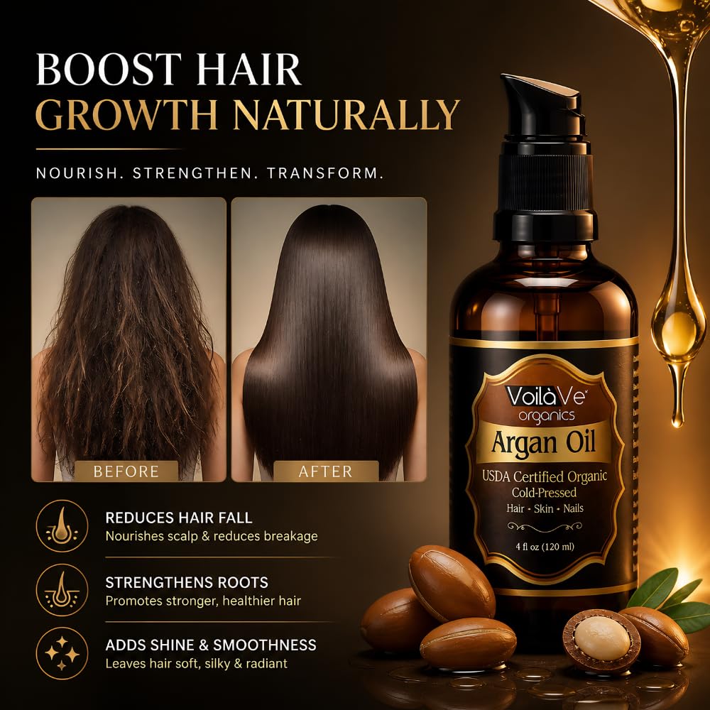 VoilaVe USDA Pure Organic Moroccan Argan Oil for Skin, Nails & Hair Growth, Anti-Aging Face Moisturizer, Cold Pressed, Hair Moisturizer, Rich in Vitamin E, As Seen On TV - 4 fl oz