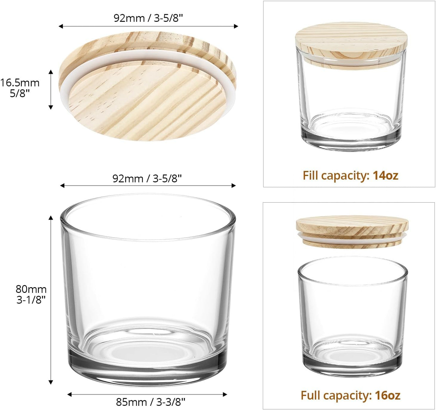 QWORK 16oz Clear Candle Jars with Lids, 6 Pack 3 Wick Glass Candle Containers, Thick Heat Resistant Glass Jars with Bamboo Lids