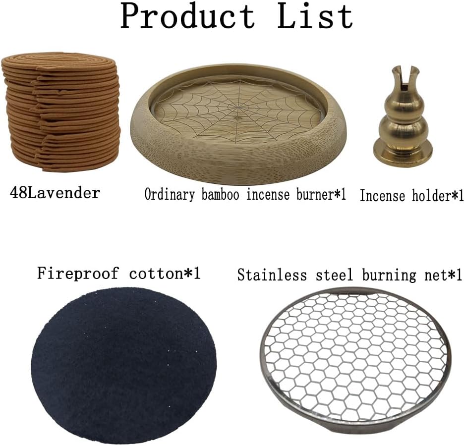 Coil Incense,Traditional spiraled,Perfect for Meditation Spaces,Living Rooms,or Any Indoor Area Where You Want to Create a Relaxing Atmosphere. (48Lavender+Ordinary Bamboo Incense Burner)
