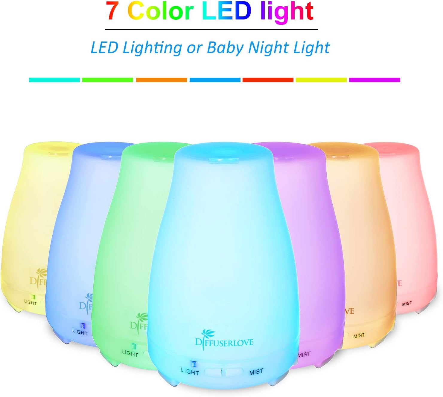 Diffuserlove 2 Pack 200ml Essential Oil Diffuser Ultrasonic Aromatherapy Diffuser Cool Mist Humidifiers with 7 Color LED Lights & Waterless Auto Shut-Off for Home Office Kitchen Bedroom