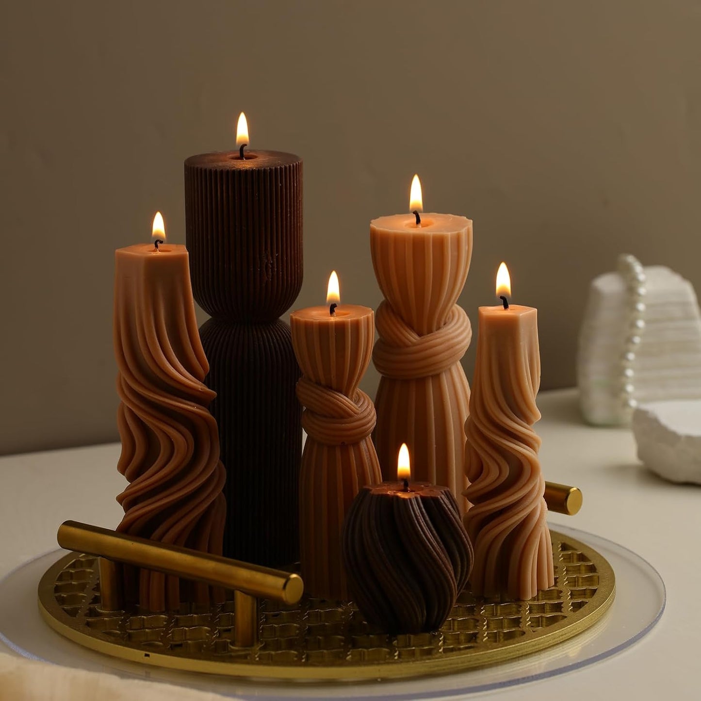 Threlaco 6 Pcs Pillar Candles Decorative Modern Aesthetic Ribbed Candle Set Cute Soy Wax Scented Ribbed Decor Valentine's Commemorative Gift for Home Decoration(Brown,2.36-6.89 Inch)