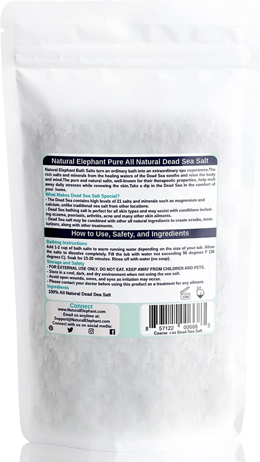 Natural Elephant Dead Sea Bath Salt | 4oz Trial Size | 100% Natural and Pure | Coarse Grain | Ideal for Baths and Soaks