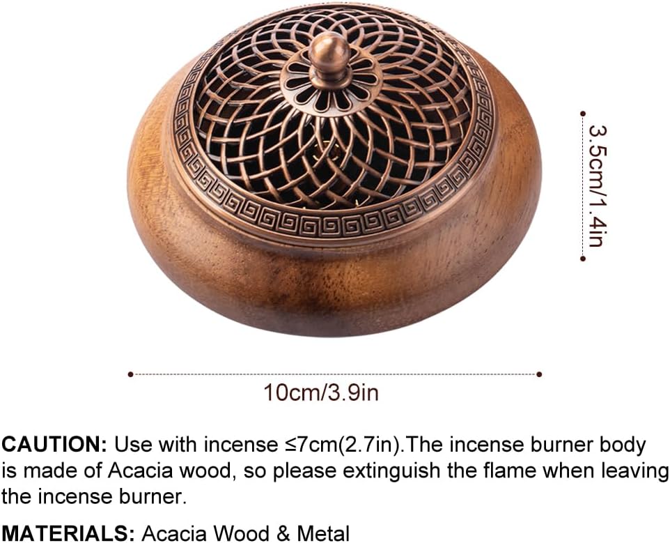 Round Incense Burner - Handcrafted Wooden Censer with Alloy Lid for Sticks/Cones/Sage, Natural Wood Aroma Tray Holder for Yoga Meditation