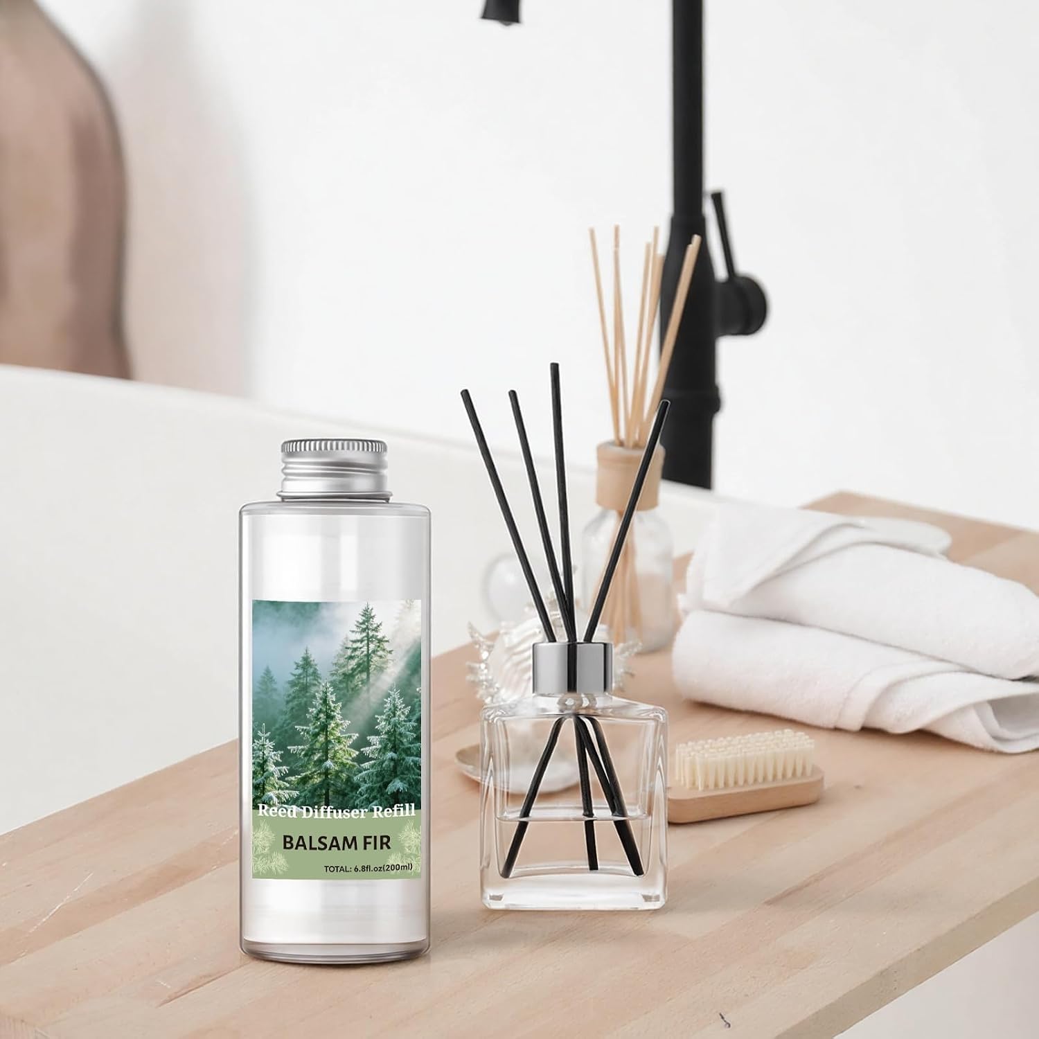 STRN Reed Diffuser Oil Refill, Balsam Fir Scented Diffuser Oil Refills with 6 Reed Sticks 200ML(6.8fl.oz), Room Fresheners for Home, Long-Lasting Summer Fragrance for Living Room, Bedroom, Office