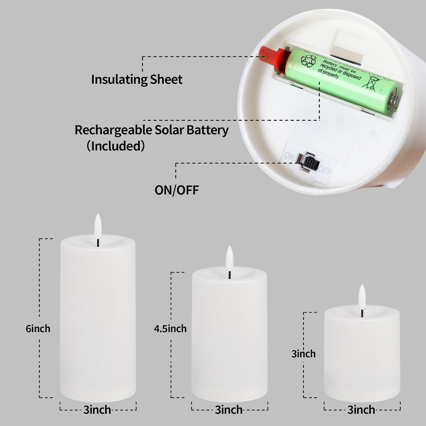 Solar Candles Outdoor Waterproof,Ivory White Flameless Candle Set, Dusk to Dawn Light Sensor, LED Rechargeable Solar Pillar Candles for Outdoor Lanterns,Patio Decor,3" x 3" 4.5" 6",Set of 3