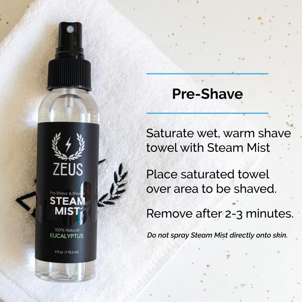 ZEUS Eucalyptus Steam Mist, Natural Aromatherapy Shower Spray (4 oz) | Created to Ease Congestion, Boost Clarity, Prep Skin for Grooming & Elevate Bath with Pure Eucalyptus Oil (Made in USA)