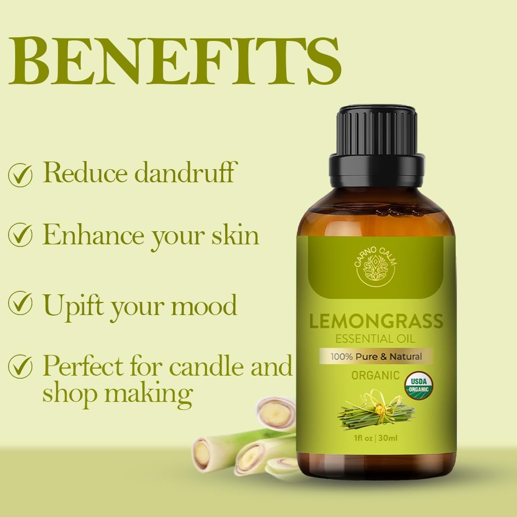 Lemongrass Essential Oil | USDA Certified Organic Lemongrass Oil| for Hair and Skin | Aromatherapy and Diffuser | Ideal for Both Men and Women | 30ml