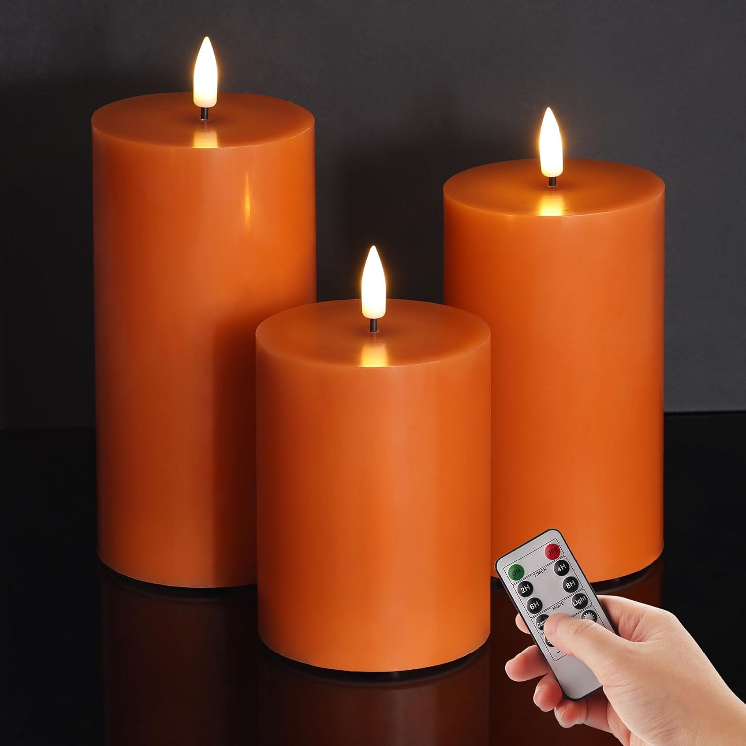 Burnt Orange Flameless Pillar Candles with Remote, Flickering LED Wax Candles Battery Operated Set of 3