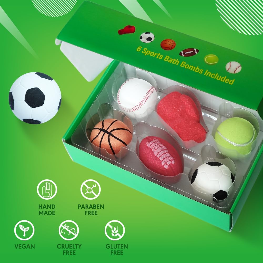 HZEX Sports Themed Bath Bombs Gift Set – 6 Piece Novelty Fizzy Balls with Basketball, Tennis, Baseball, Soccer, Football & Boxing – Fun Spa Kit for Kids, Teens, Men & Women – Self Care & Relaxation